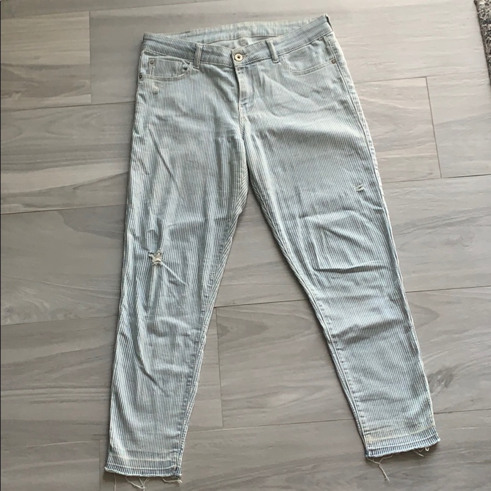 Blue and White striped distressed jeans